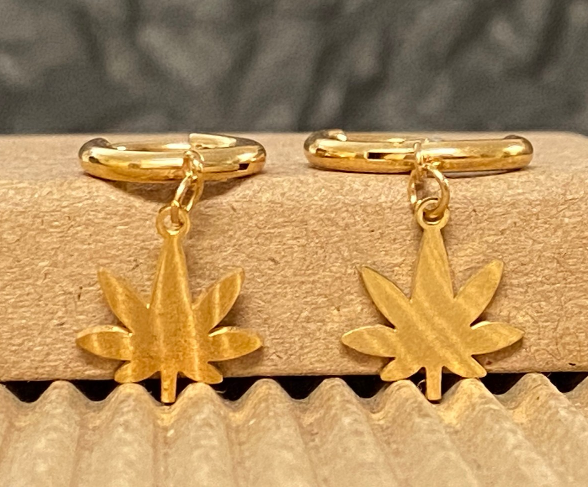 PAIR of Pot Leaf Dangle Hinged Hoop Earrings Huggies 18g 316L Stainless Steel