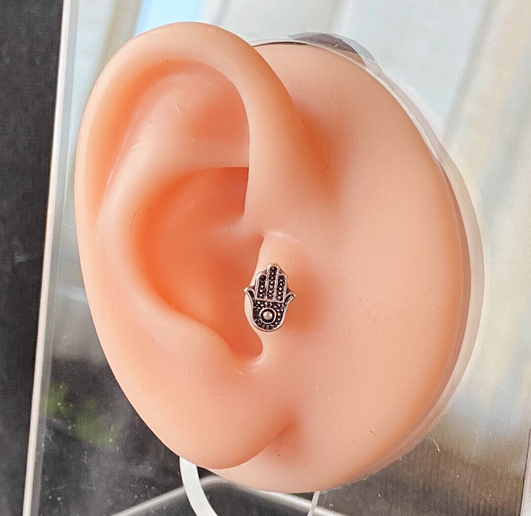 Hamsa Antique Silver Plated Surgical Steel Tragus Helix Ear Cartilage Stud Ring 