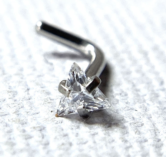 1pc Clear Triangle CZ Gem Top L-Bend Nose Ring 316L Surgical Steel 18g or 20g