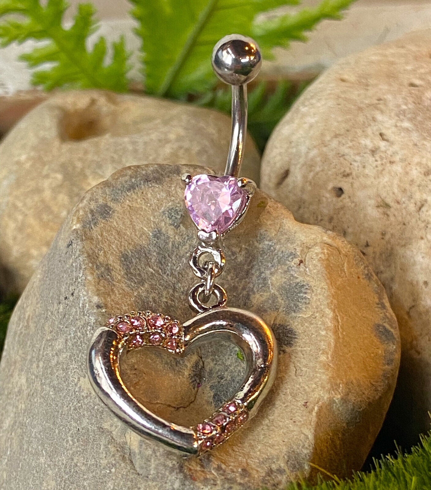 1pc Heart Paved Belly Ring w/ Prong Set Heart Gem Navel Piercing Pierced Naval