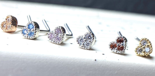 1pc CZ Gem Paved Heart L-Bend 20g Nose Ring Stud Screw 316L Surgical Steel