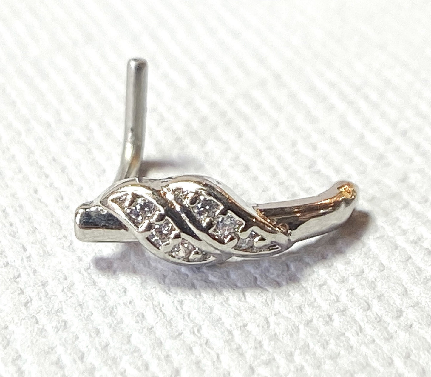 1pc Double Diagonal Lined CZ Gem Nose Crawler L-Bend 20g or 18g Nose Ring Stud