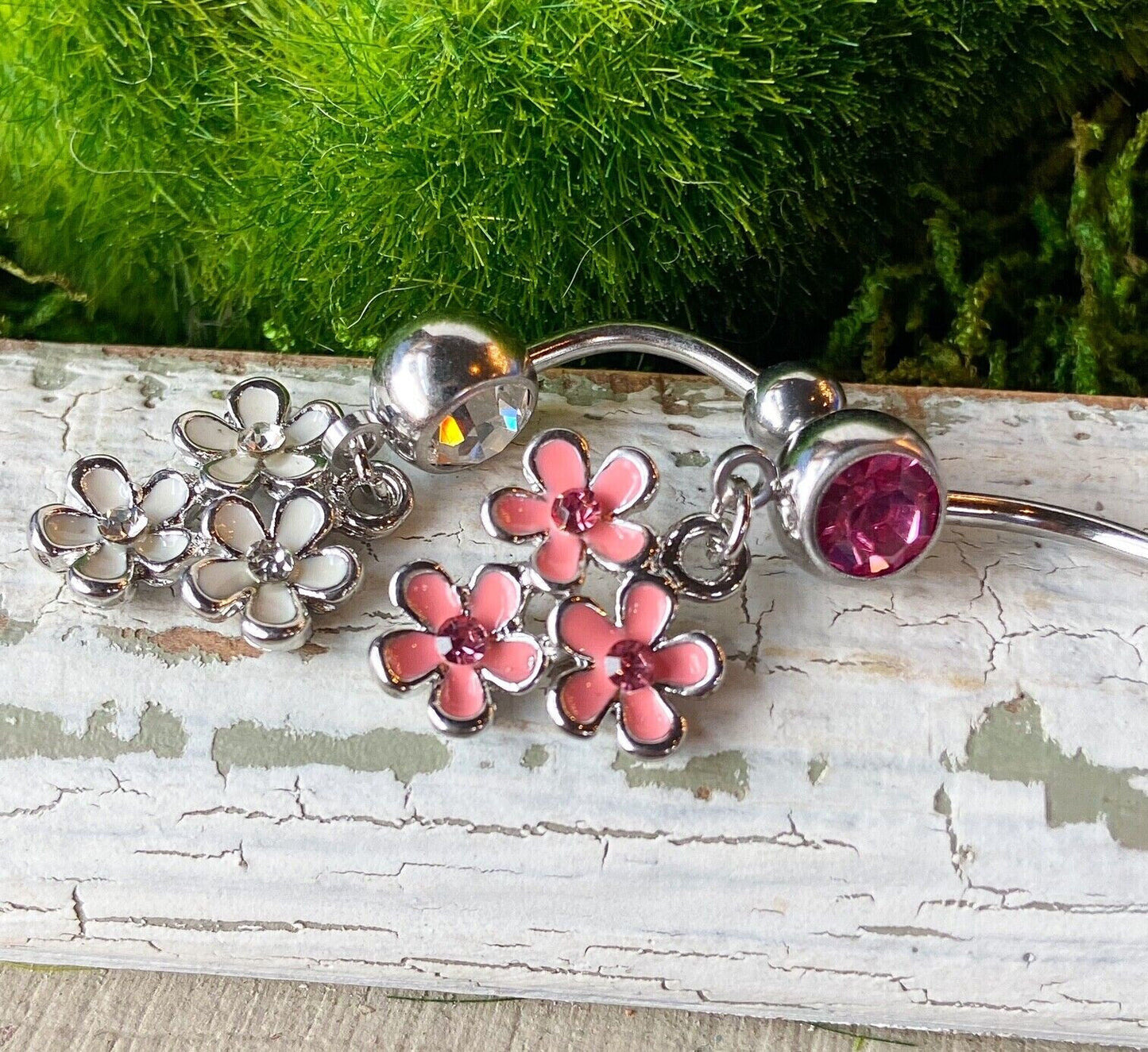 Triple Epoxy Flower CZ Gem Dangle Belly Ring Pierced Navel Pink, White