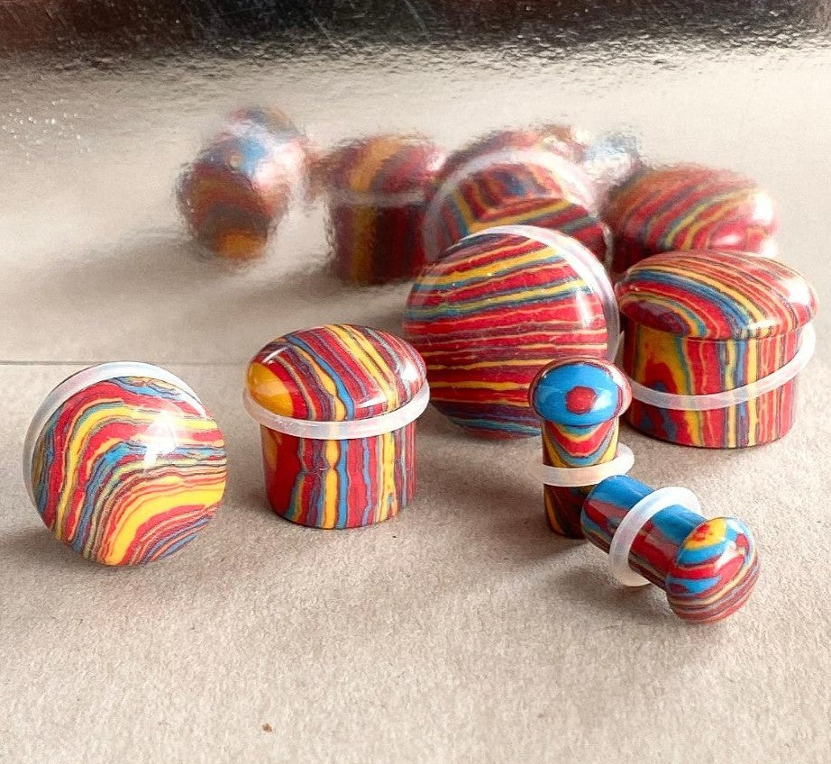 PAIR Primary Colors Tie Dye Malachite Single Flare Stone Plugs Tye Dyed Gauges