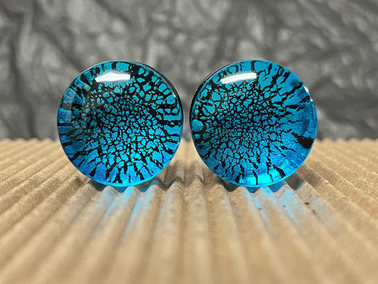 PAIR Ocean Blue Fracture Design Glass Plugs Double Flare Gauge Body Jewelry