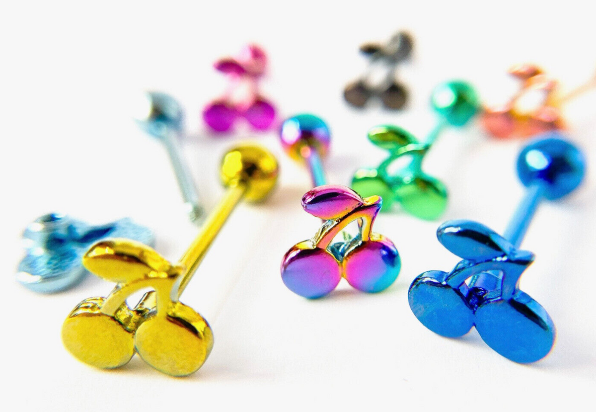 1pc Cherry Cherries Design Tongue Ring Titanium Anodized 14g Tounge Barbell