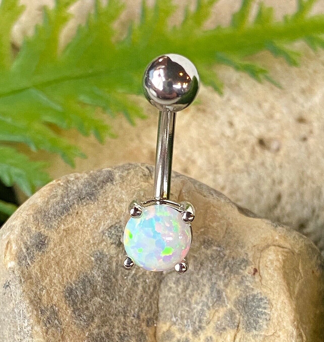 Solitaire Opal Stone Belly Ring Pierced Navel Rose Gold, Blue, Green, Pink