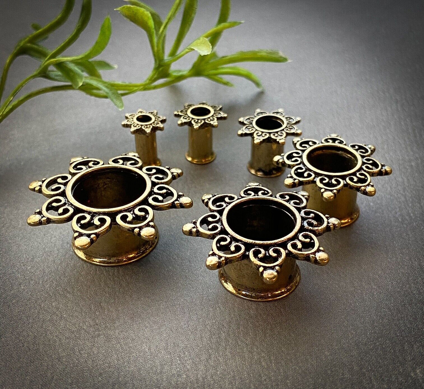 PAIR Antique Gold IP Tribal Sun Design Tunnels Plugs Earlets Gauges Body Jewelry