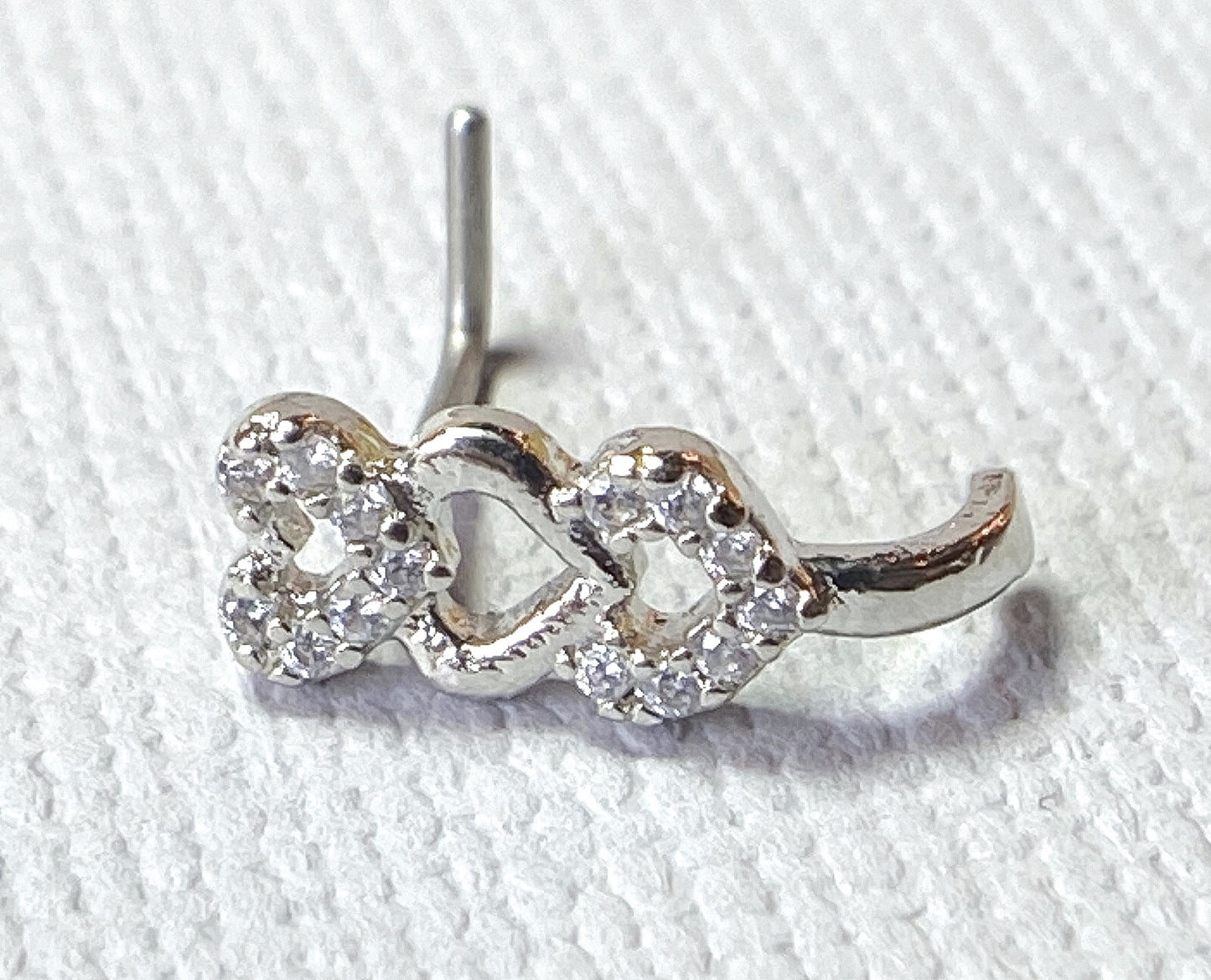 1pc CZ Gem Paved Triple Heart Nose Crawler L-Bend 20g Nose Ring Stud Screw