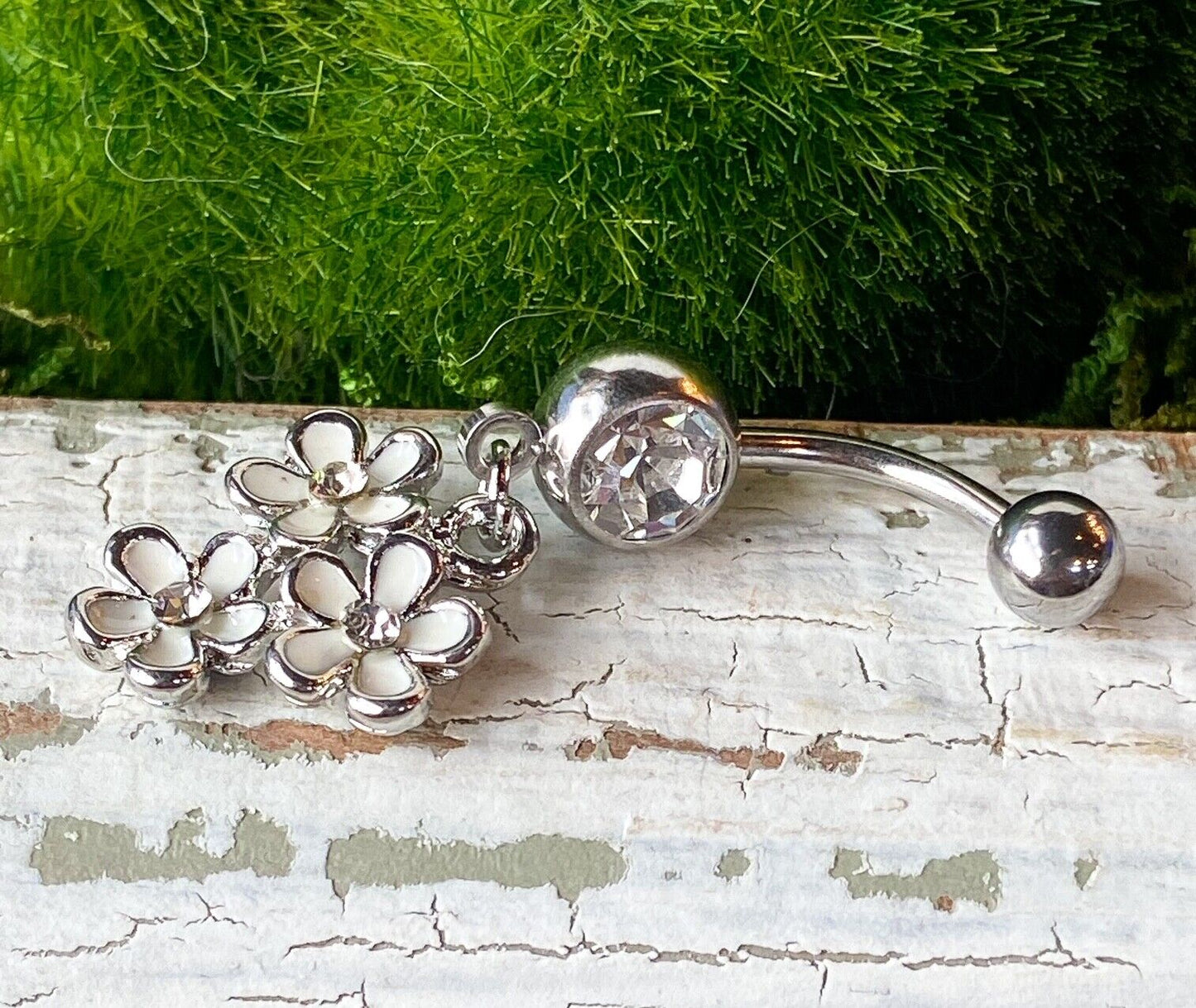 Triple Epoxy Flower CZ Gem Dangle Belly Ring Pierced Navel Pink, White