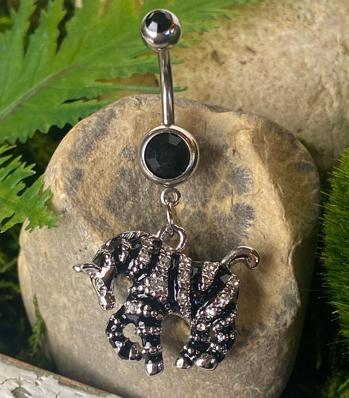 Zebra Black Enamel Paved CZs Striped Dangle Belly Ring Pierced Navel Print 14g