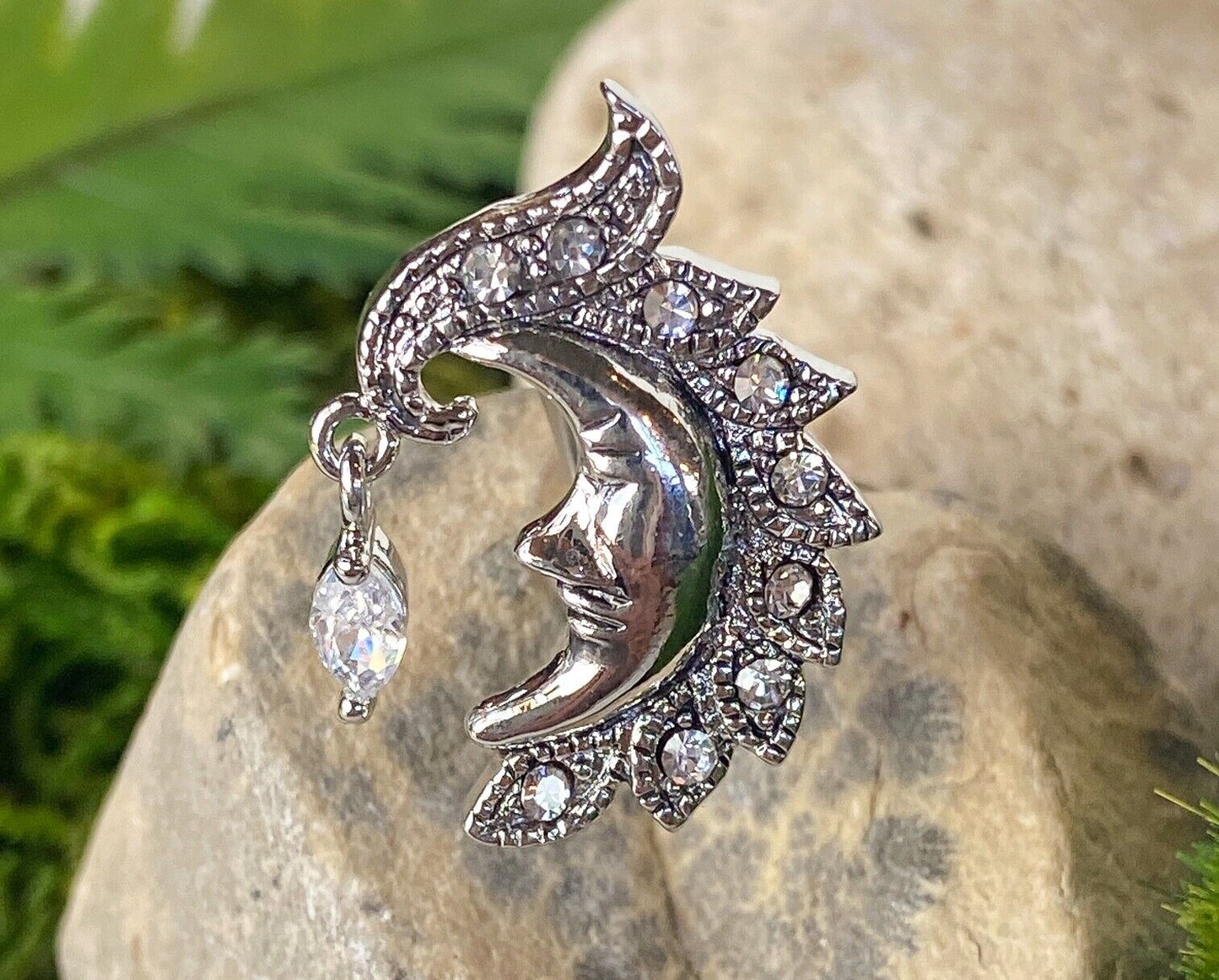 Reverse Crescent Moon Face Belly Ring Marquise CZ Gem Pierced Navel Top down