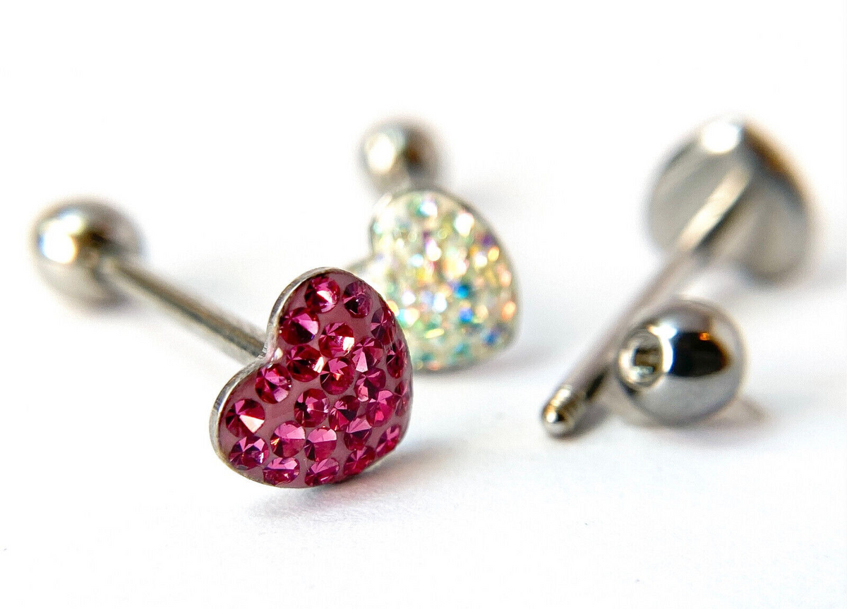 1pc Epoxy Coated Heart Paved Crystals Tongue Tounge Ring Barbell Body Jewelry