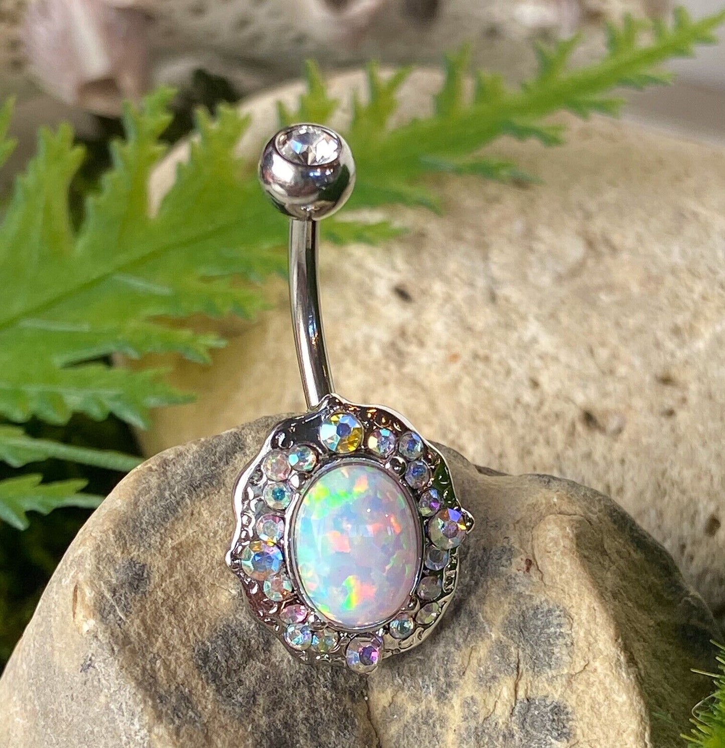 Opal Center Belly Ring Paved Aurora Borealis Gems Pierced Navel IP 14k Gold