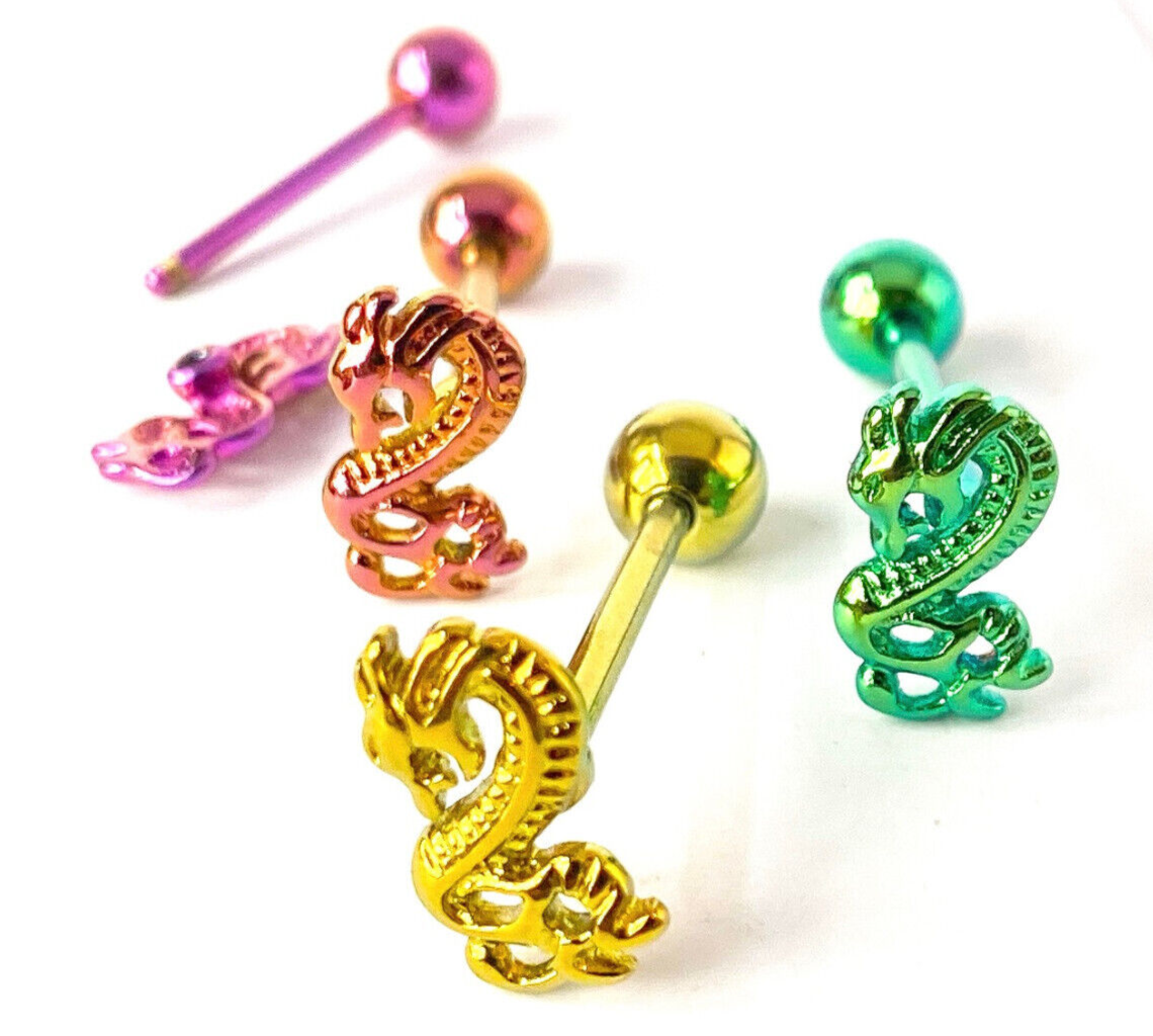 1pc Dragon Design Tongue Ring Titanium Anodized 14g Tounge Barbell Body Jewelry