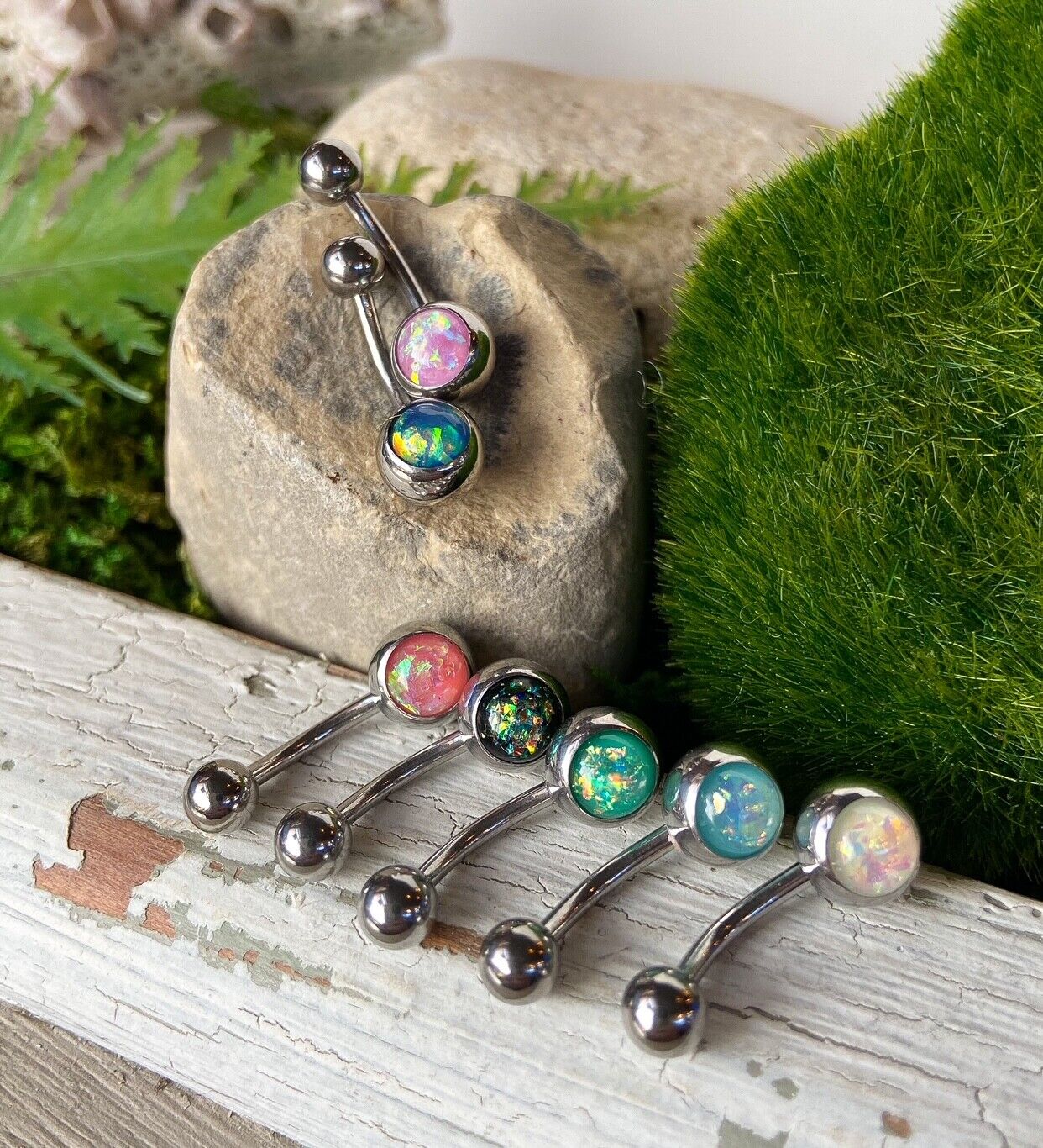 Solitaire Opal Glitter Gem Belly Ring 316L Surgical Steel Navel Naval