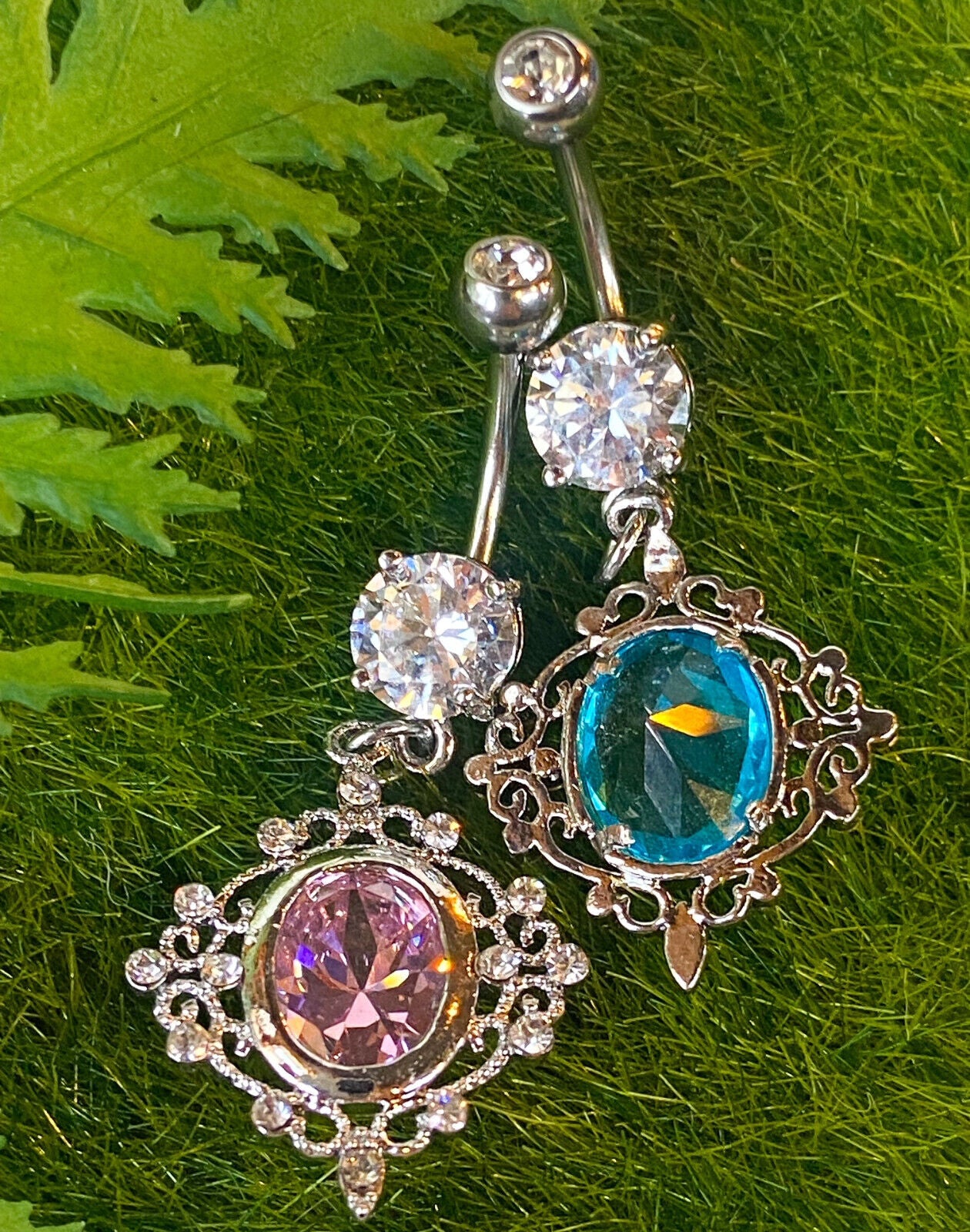 1pc Oval CZ Vintage Filigree Design Dangle Pierced Belly Navel Ring Body Jewelry