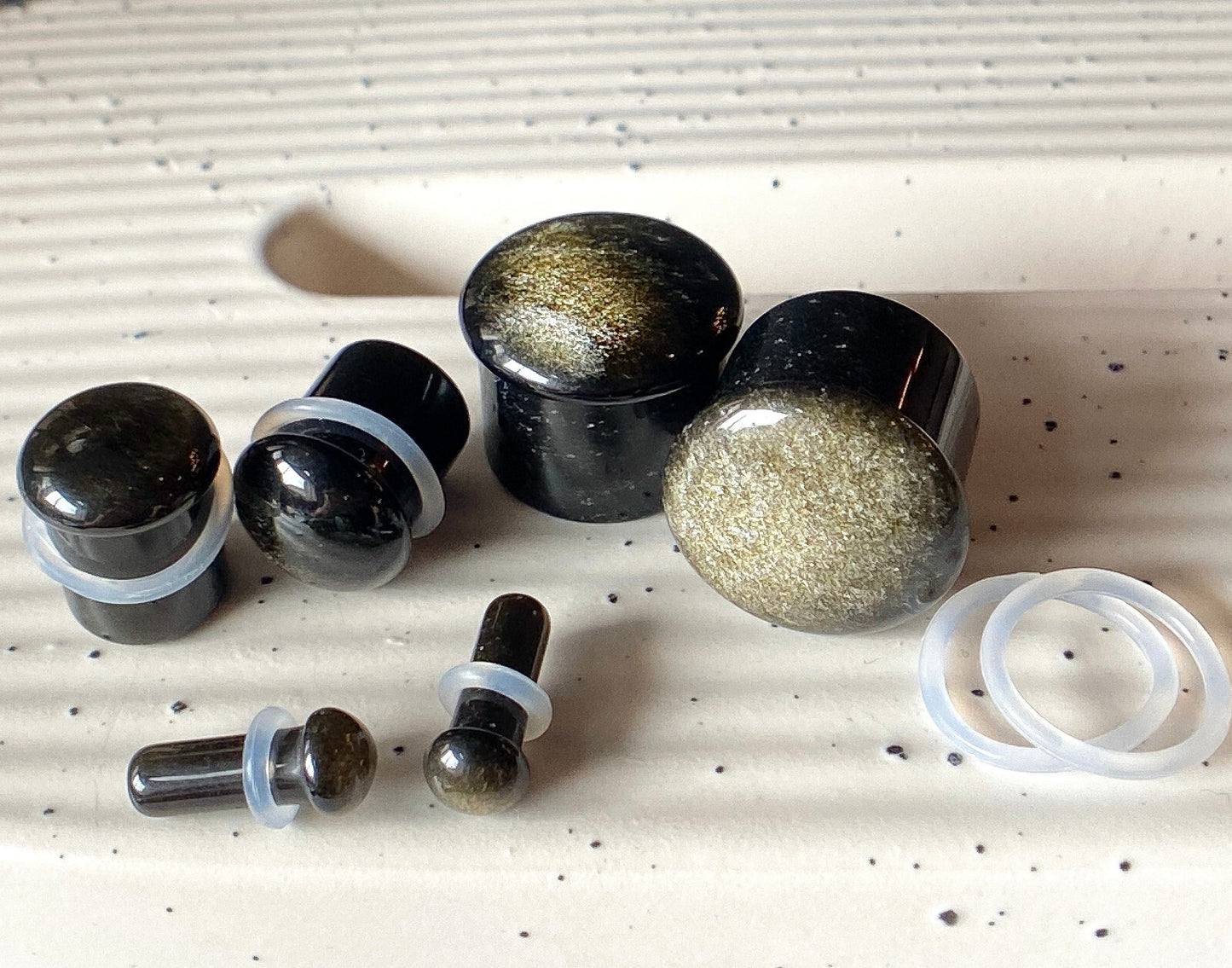 PAIR Golden Obsidian Stone Single Flare Plugs Organic Gauges Body Jewelry