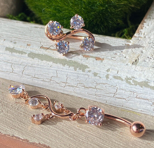 Rose Gold Plated Vine Belly Ring Pierced Navel Dangle Reverse CZ Gems