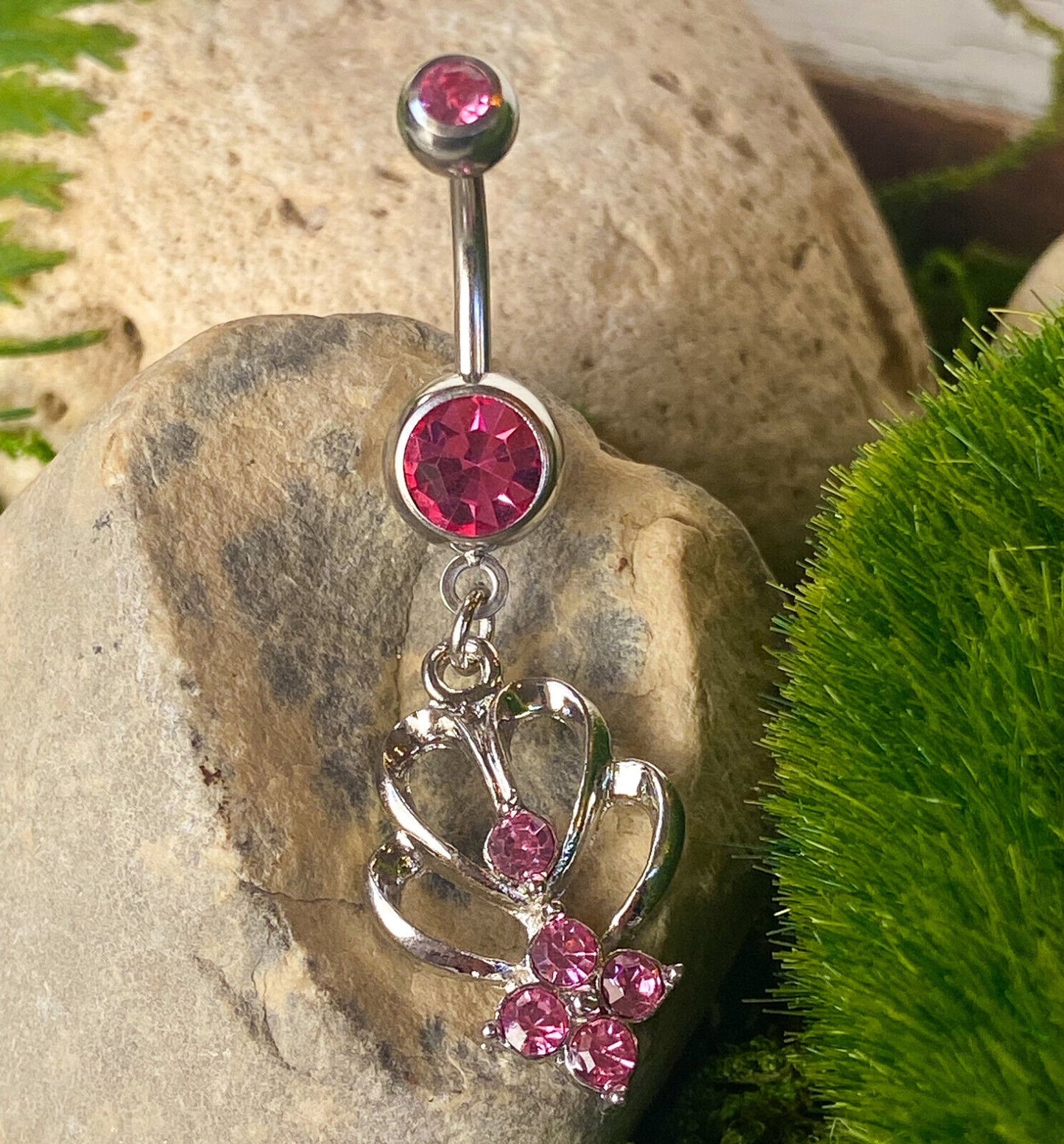 Double Heart Shrine Gem Belly Ring Navel Green, Pink, Red, Aqua, Purple