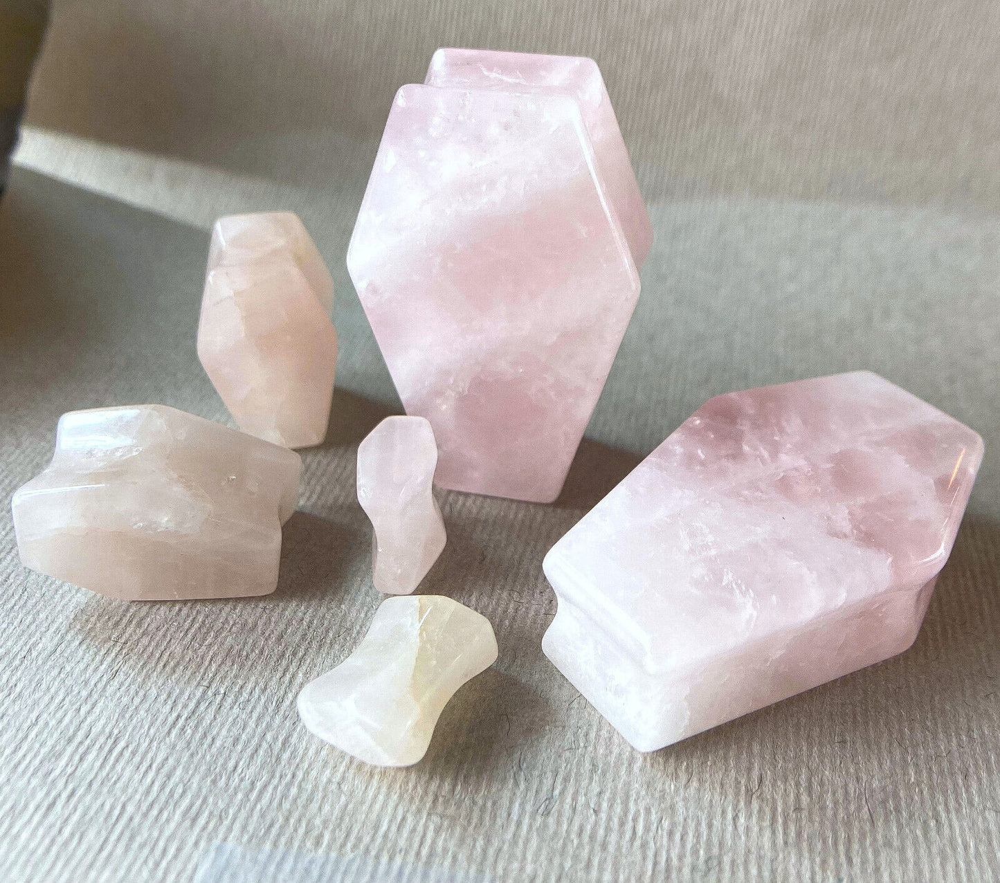 PAIR Rose Quartz Organic Stone Double Flare Coffin Shaped Plugs Gauges