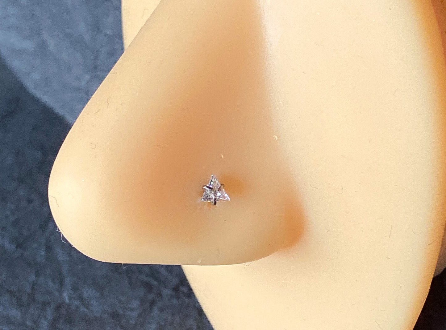 1pc Solid Grade 23 Titanium L-Bend Nose Ring w/ Triangle CZ Gem Stud Screw
