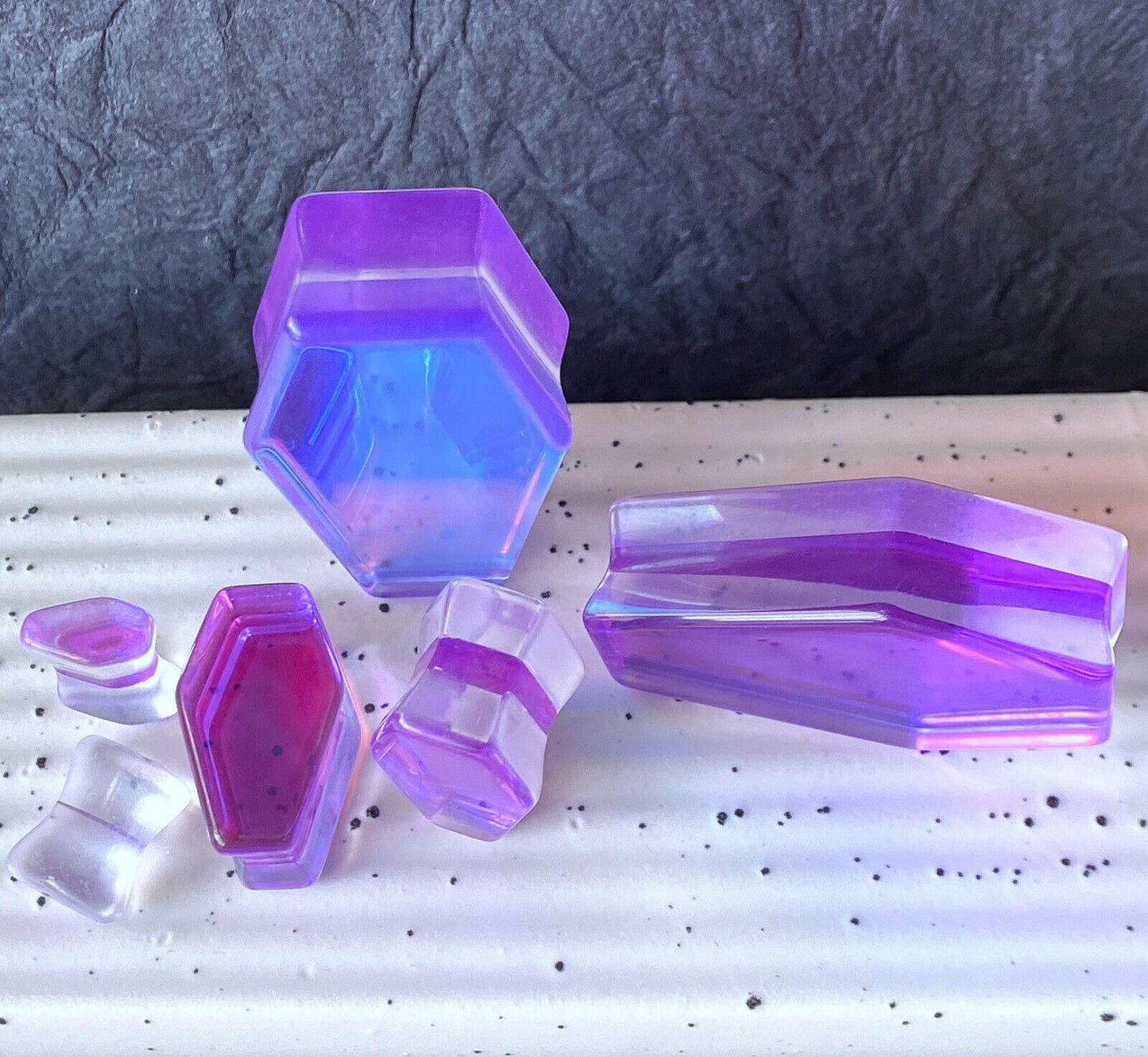 PAIR Mermaid Iridescent Glass Coffin Shaped Double Flare Plugs Gauges