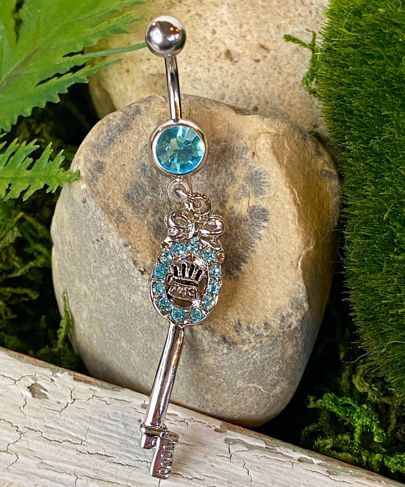 Juicy Key Dangle CZ Gem Belly Ring Navel Naval Clear, Pink, Aqua