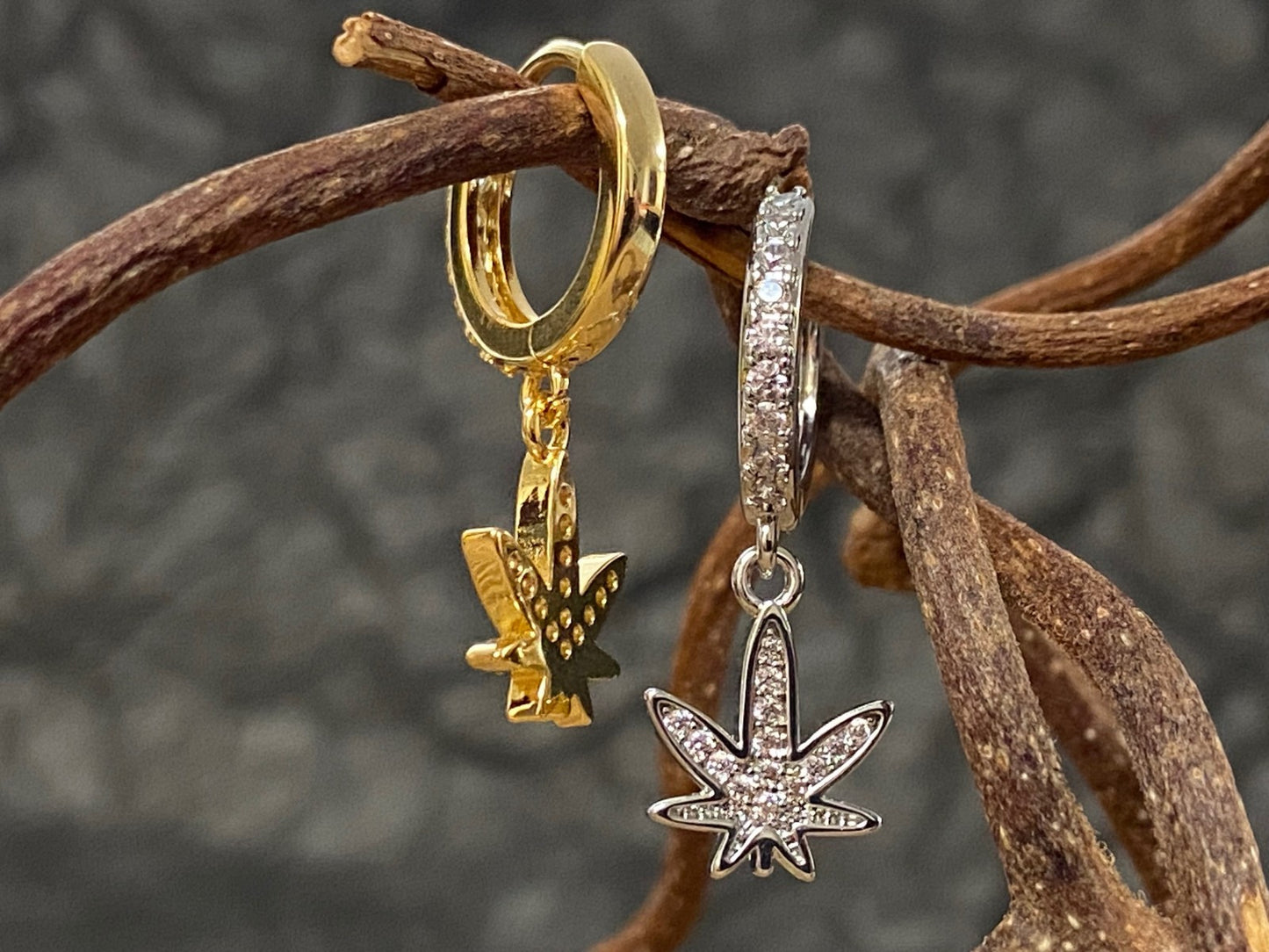PAIR of CZ Gem Paved Pot Leaf Hinged Hoop Earrings Huggies 18g