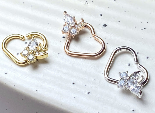 1pc Heart Bendable Ear Cartilage Daith Hoop Ring w/ Prong Set CZ Gem Butterfly