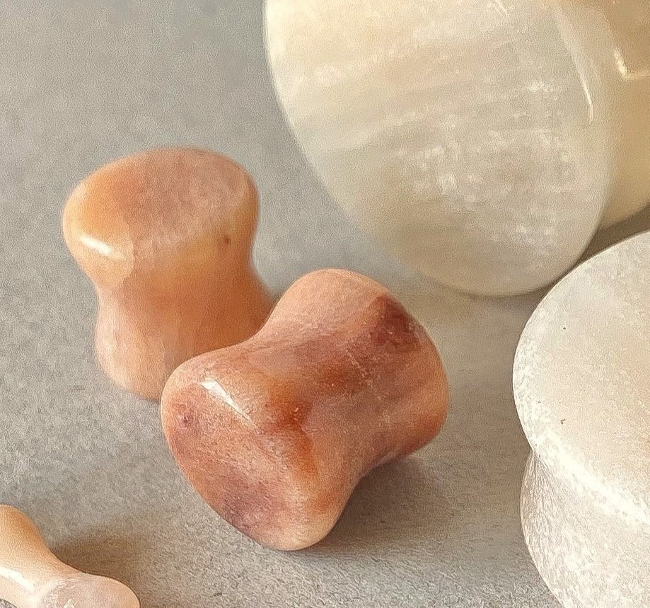 PAIR Natural Peach Semi-Precious Stone Double Flare Plugs Organic Earlets Gauges
