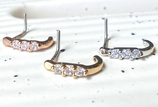 1pc 3-CZ Lined Nose Crawler L-Bend 20g Nose Ring Stud Screw 316L Surgical Steel