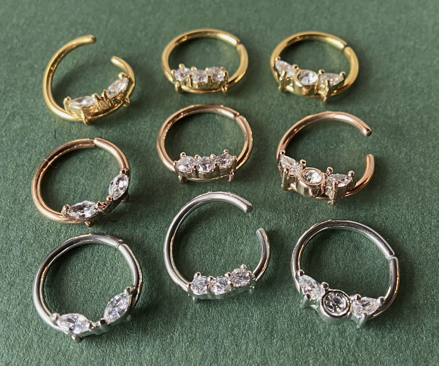 3pc Value Pack: 16g Bendable CZ Gem Septum / Cartilage Rings, w/free Retainer!