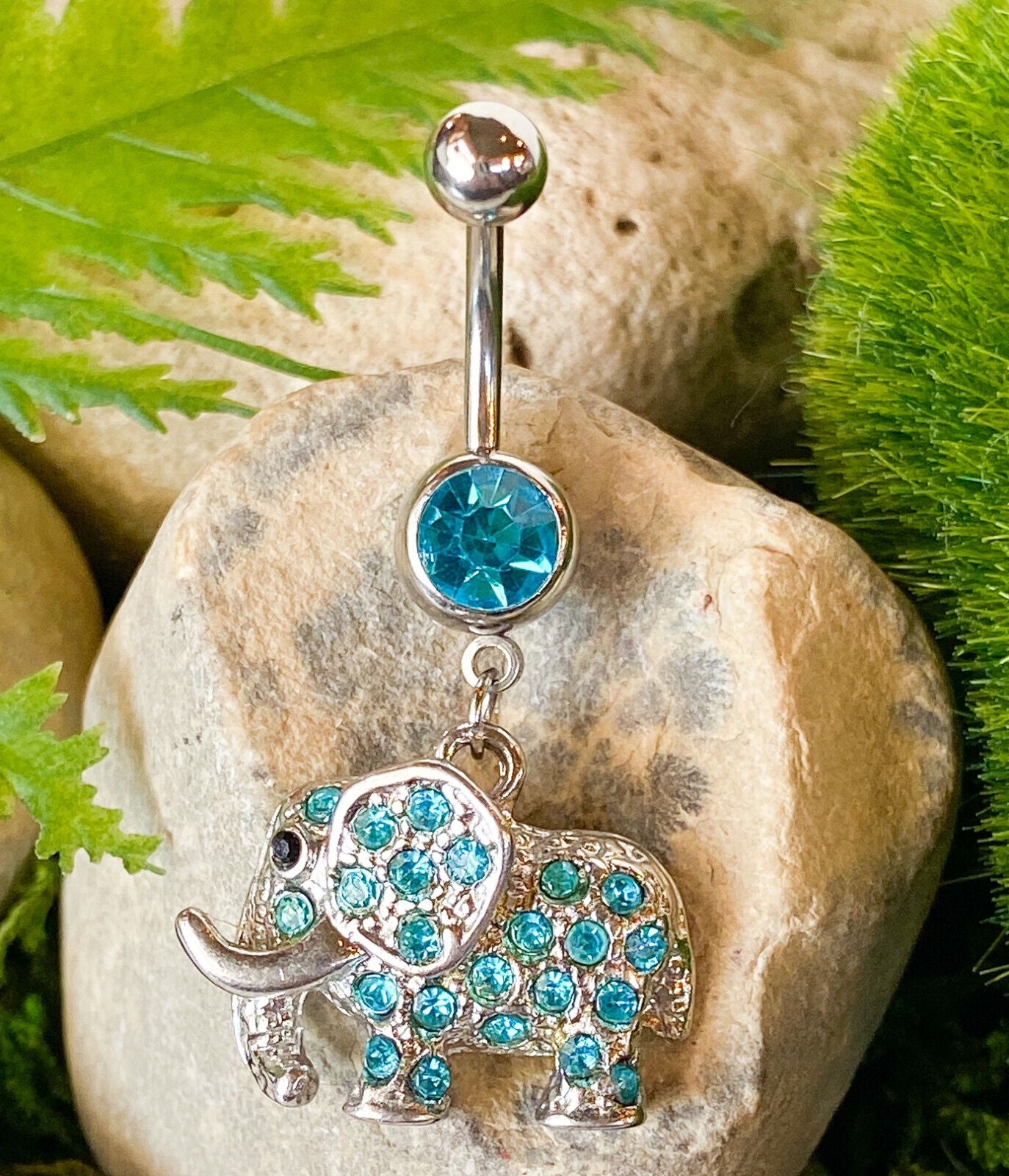 Elephant Dangle Belly Ring Paved CZ Gems Pierced Navel Naval Tusk 14g