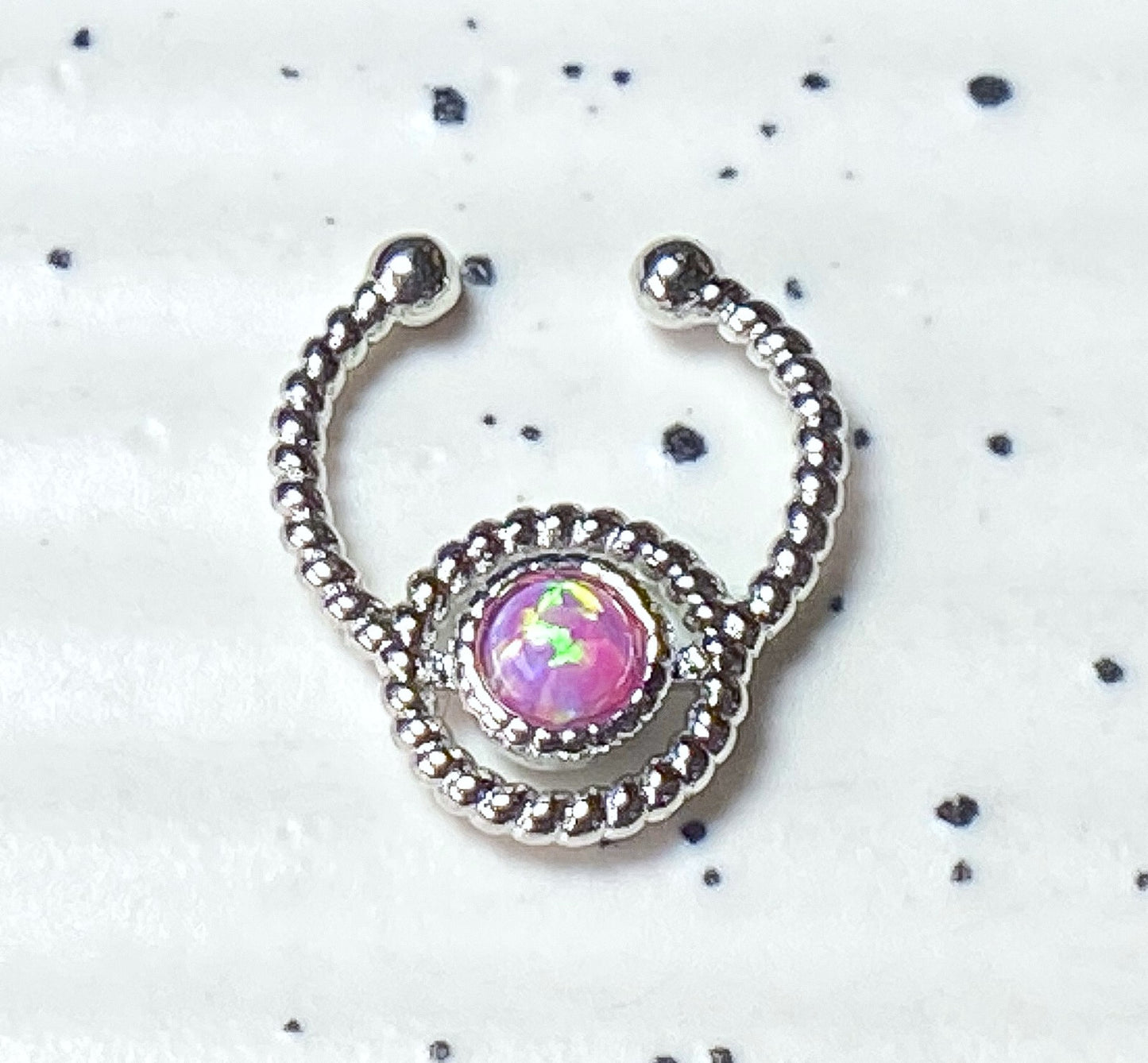 1pc NON-Piercing Silver Roped Circle Design Septum Hanger Opal Gem Fake Ring