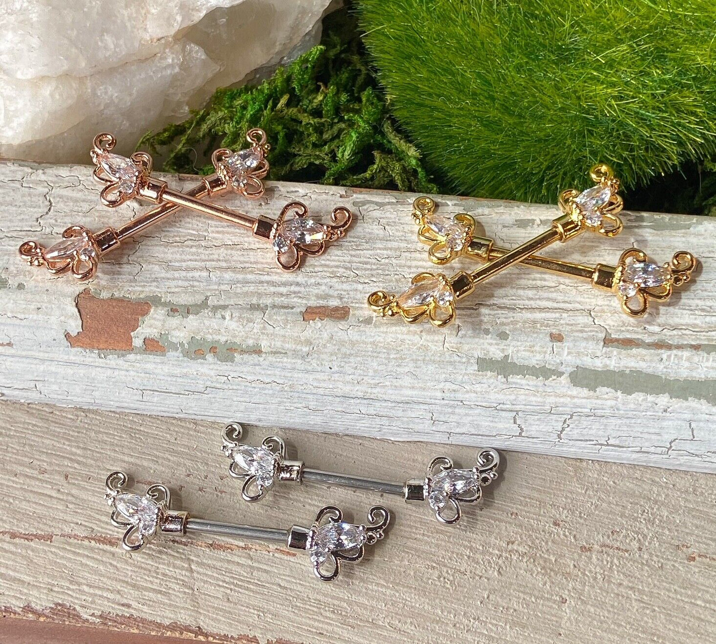 PAIR CZ Set Floral Filigree Nipple Rings Shields Pierced Body Piercing Jewelry