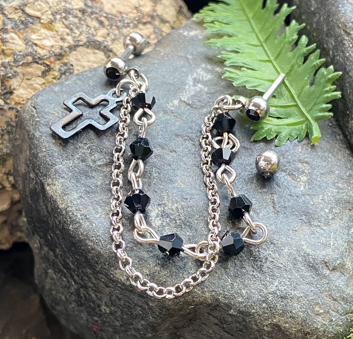 Steel Double Chain Linked Beaded Cross Ring with Cartilage Tragus Helix Barbell