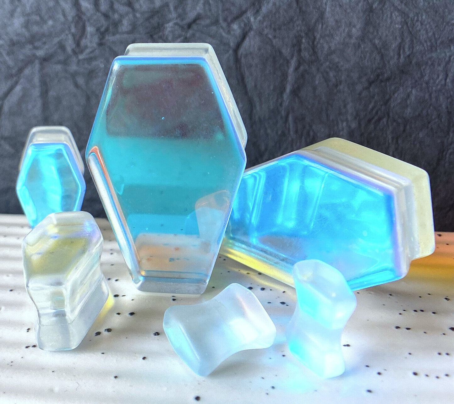 PAIR Luminous Moonstone Iridescent Glass Coffin Shaped Plugs Gauges Tunnels