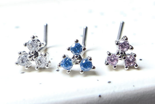 1pc CZ Gem Triangle L-Bend 20g Nose Ring Stud Screw 316L Surgical Steel