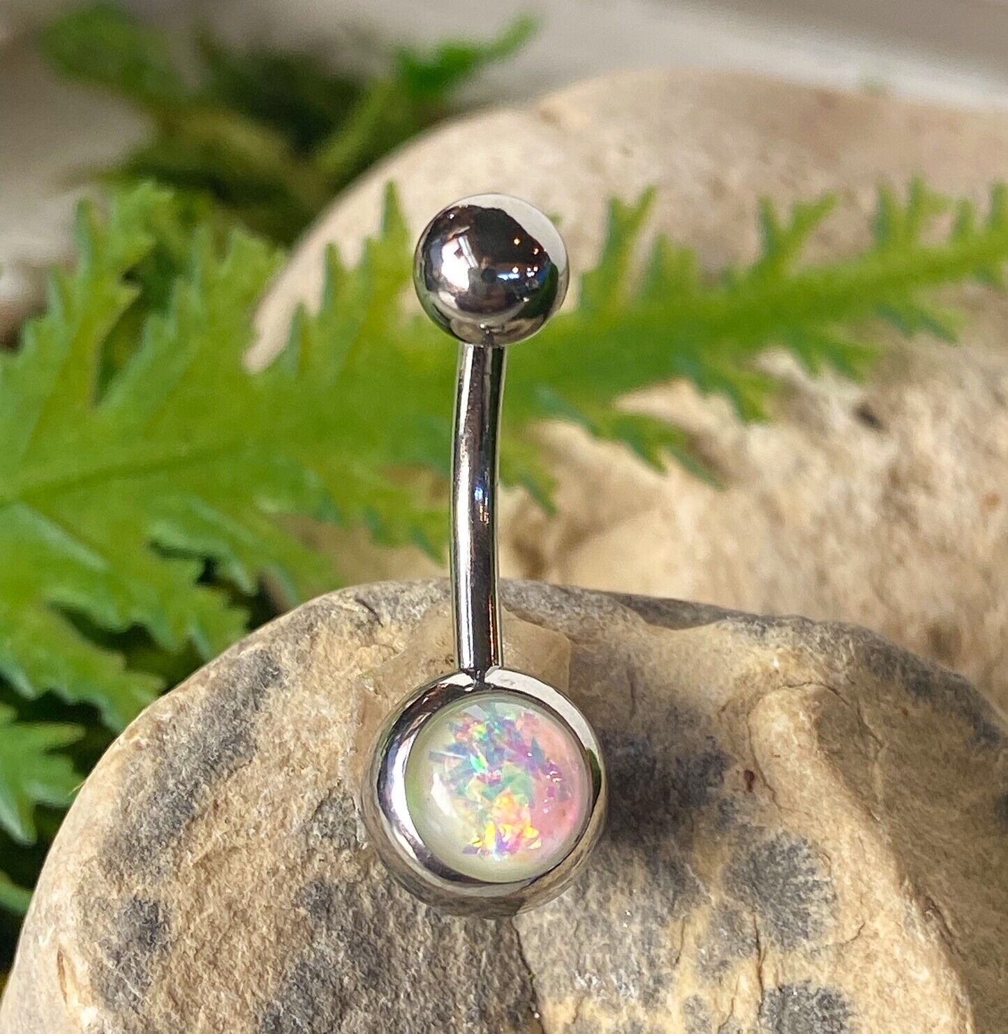 Solitaire Opal Glitter Gem Belly Ring 316L Surgical Steel Navel Naval