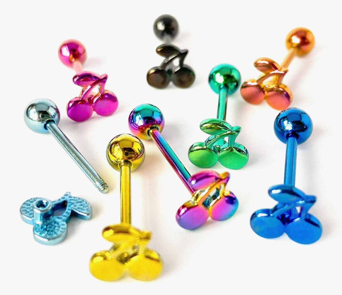 1pc Cherry Cherries Design Tongue Ring Titanium Anodized 14g Tounge Barbell