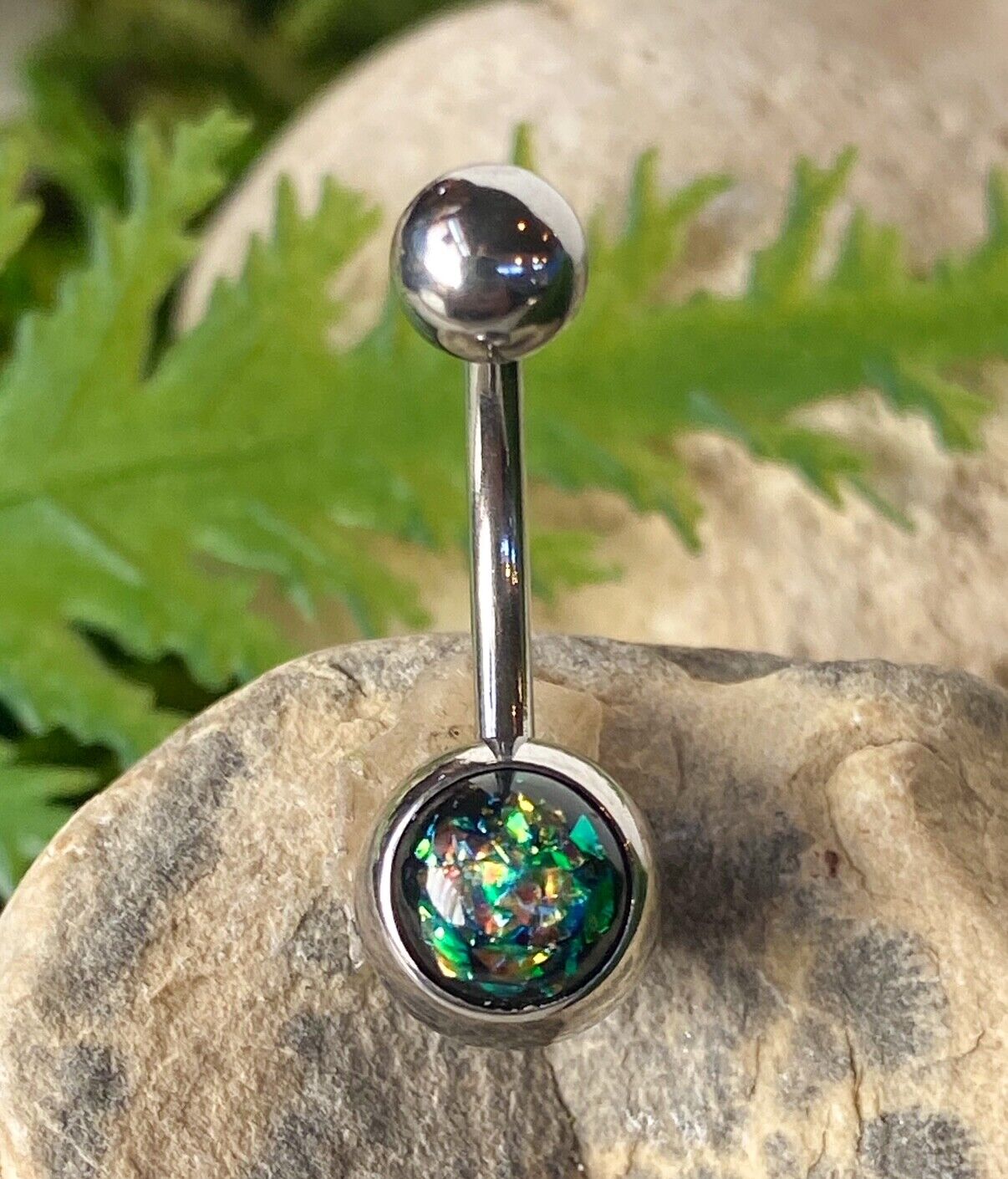 Solitaire Opal Glitter Gem Belly Ring 316L Surgical Steel Navel Naval