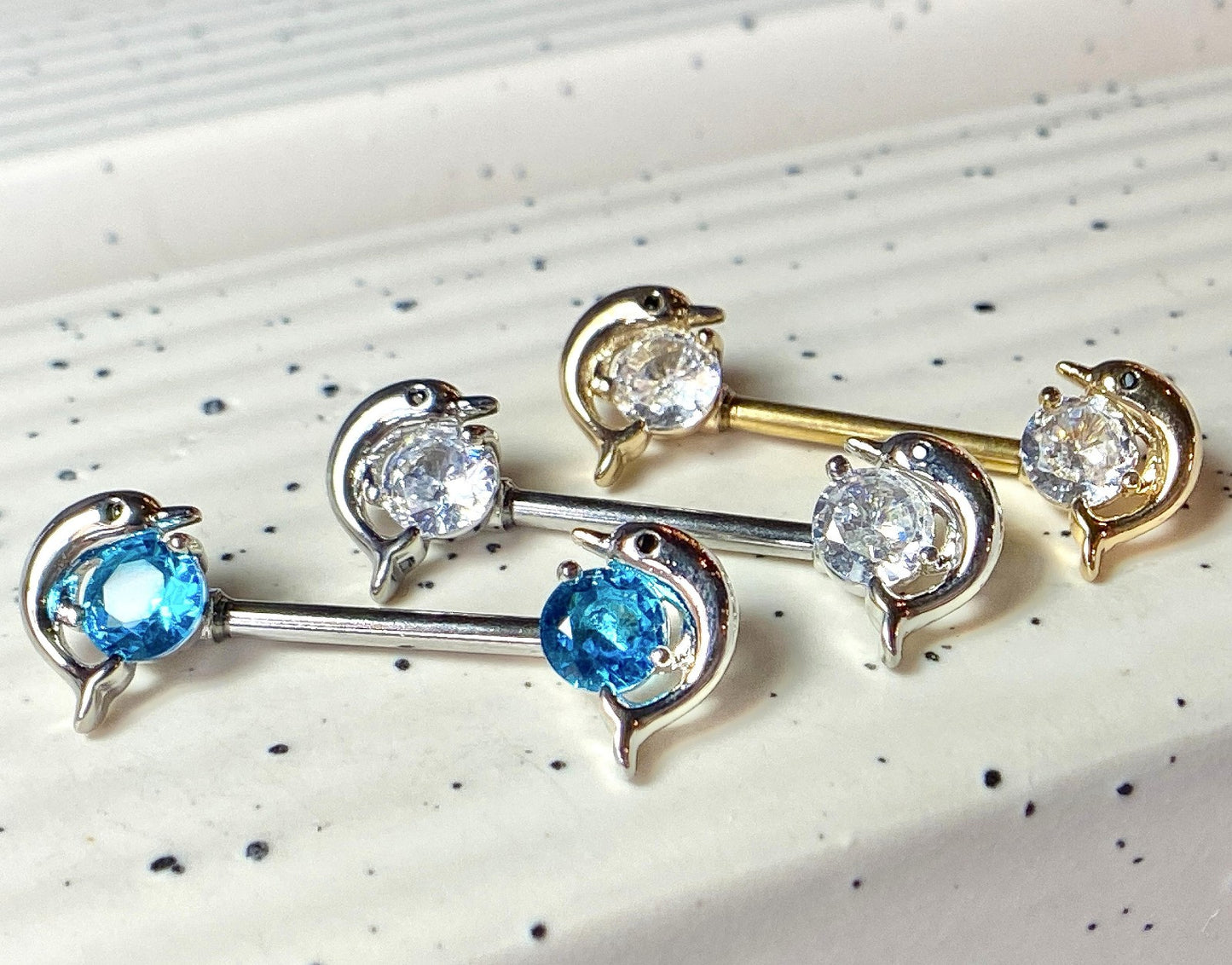 PAIR Dolphin Gem Ends Nipple Rings Shields Barbells Body Jewelry