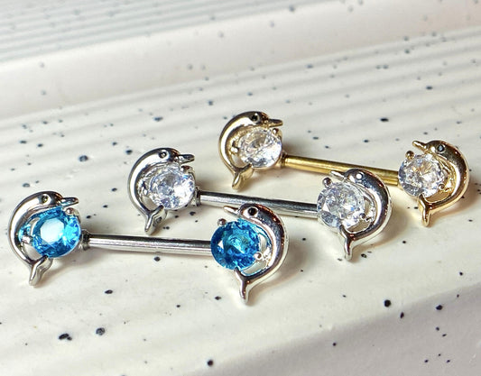 PAIR Dolphin Gem Ends Nipple Rings Shields Barbells Body Jewelry