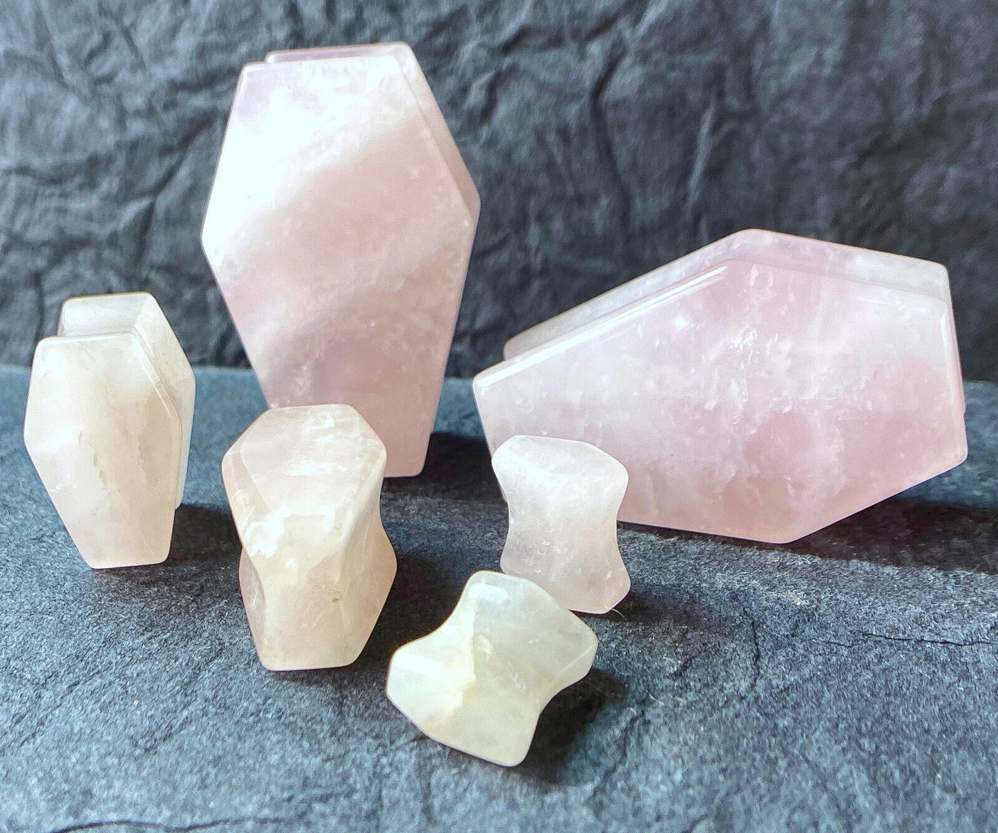 PAIR Rose Quartz Organic Stone Double Flare Coffin Shaped Plugs Gauges
