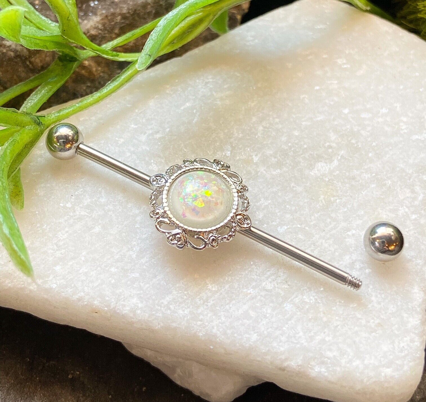 1pc Opal Glitter Lacey Filigree Edge Industrial Barbell - choose Steel or Gold