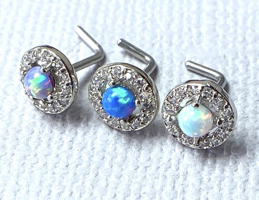 1pc CZ Gem Circle w/ Opal Dome Center L-Bend 20g Nose Stud Screw Ring