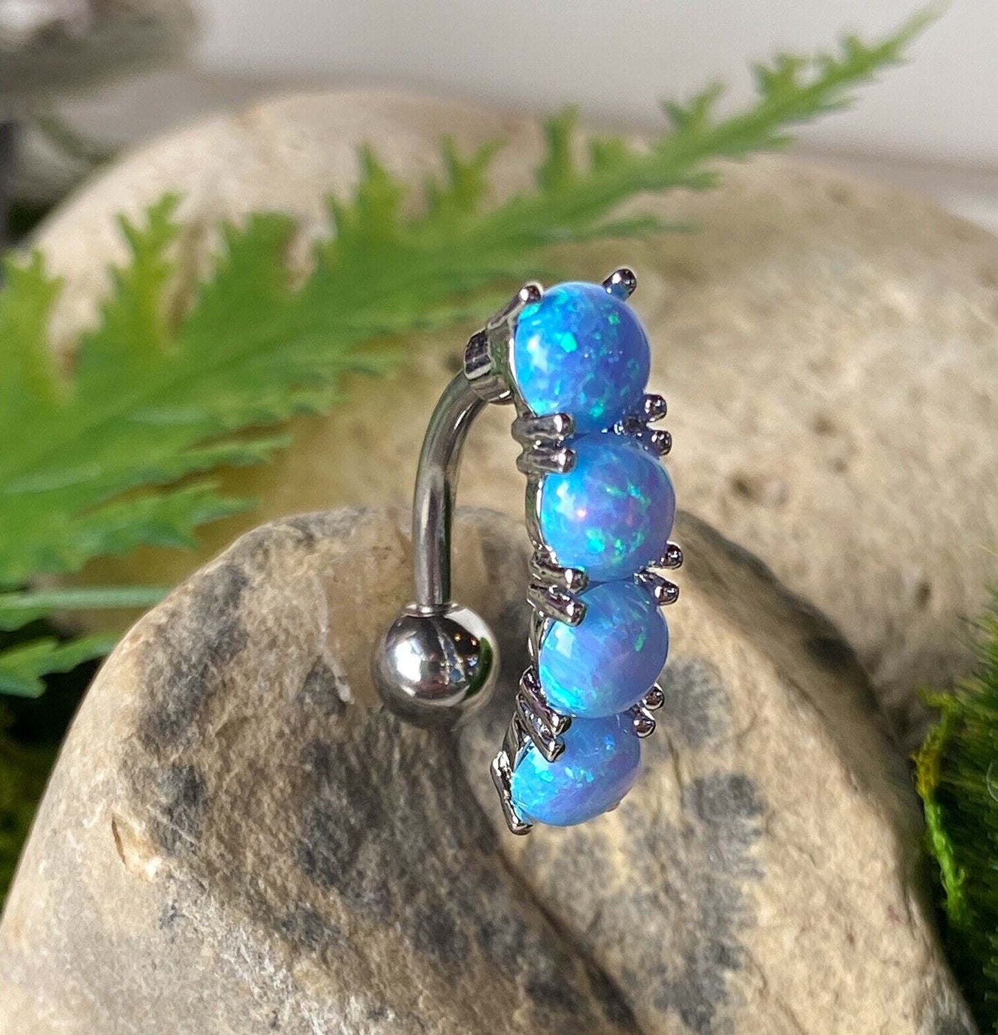 Reverse 4 Opal Stone Belly Ring Pierced Navel Naval Clear, Blue, Green