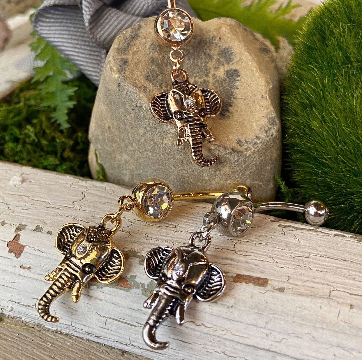 1pc Elephant Dangle Double CZ Gem Belly Ring Pierced Navel Naval