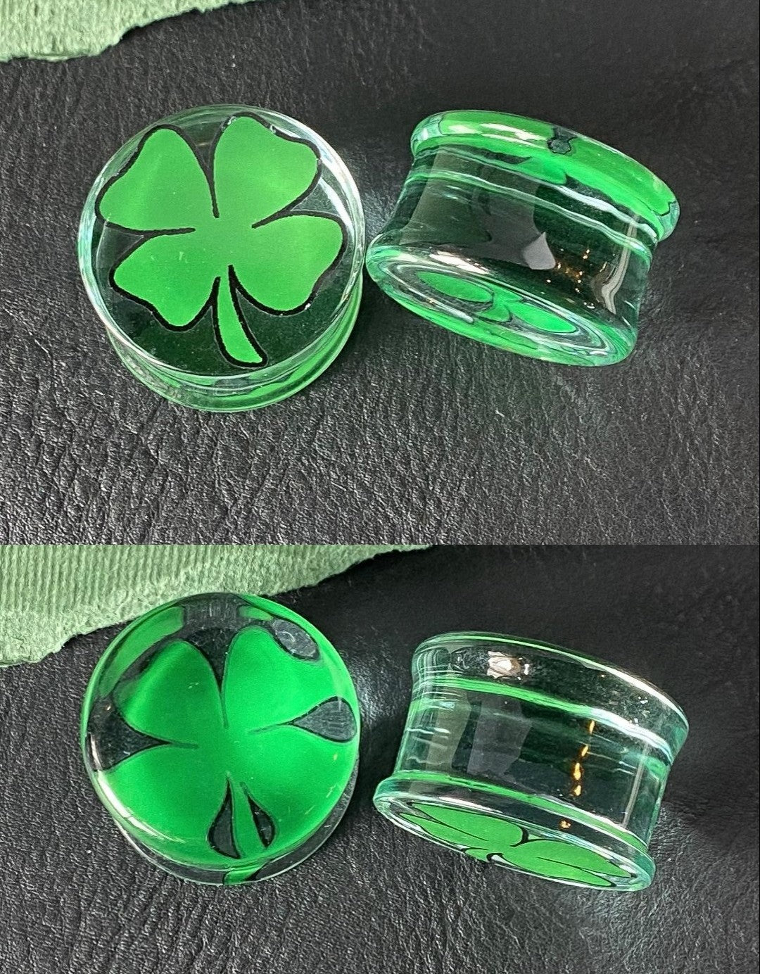PAIR Green Shamrock Clover Glass Double Flare Plugs Gauges Tunnels Body Jewelry